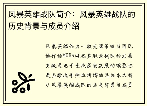 风暴英雄战队简介：风暴英雄战队的历史背景与成员介绍